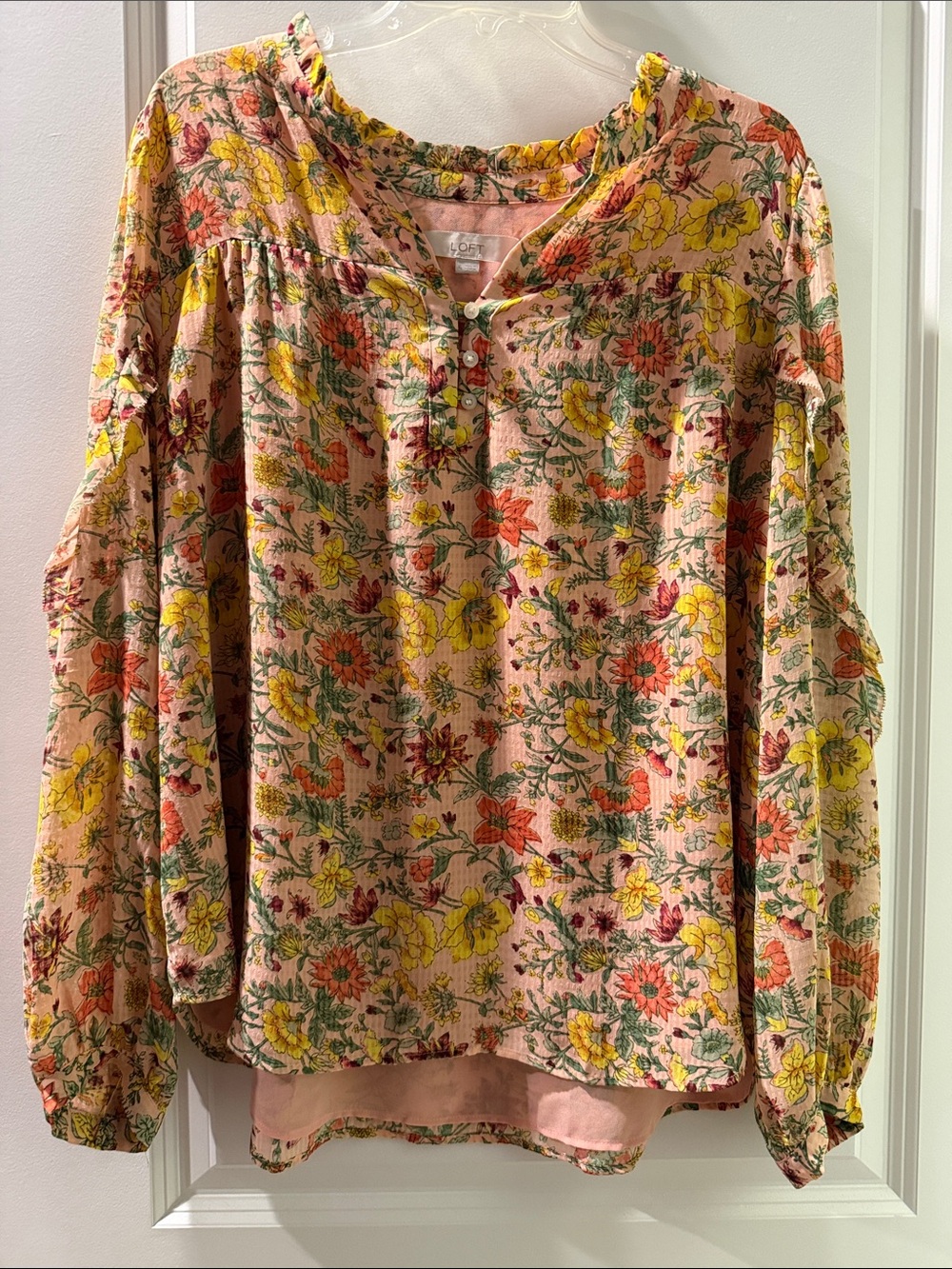 LOFT Pink Floral Long-Sleeve Peasant Tunic